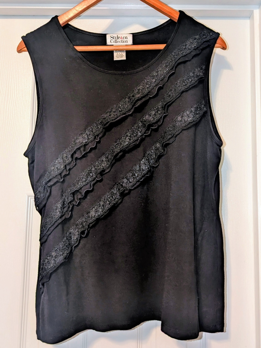 Style & Co. Black Sleeveless Tank with Diagonal Lace Ruffles